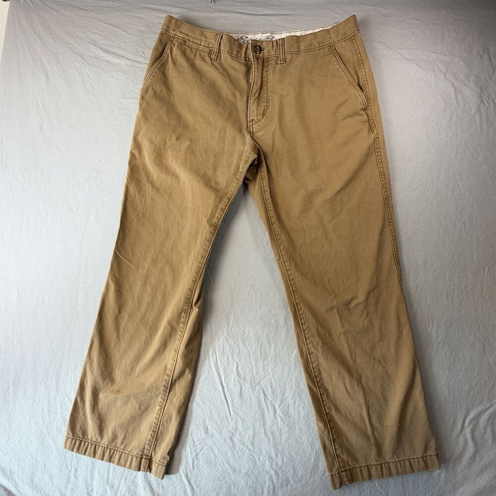 Eddie Bauer Mens Legend Wash Chino Pants 35x30 Khaki Tan 100% Cotton Flat Front